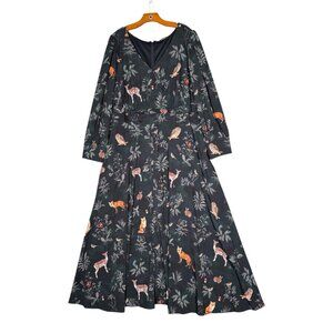eShakti Navy Woodland Flora Fauna Floral Maxi Dress Long Sleeve Cute V Neck 2X